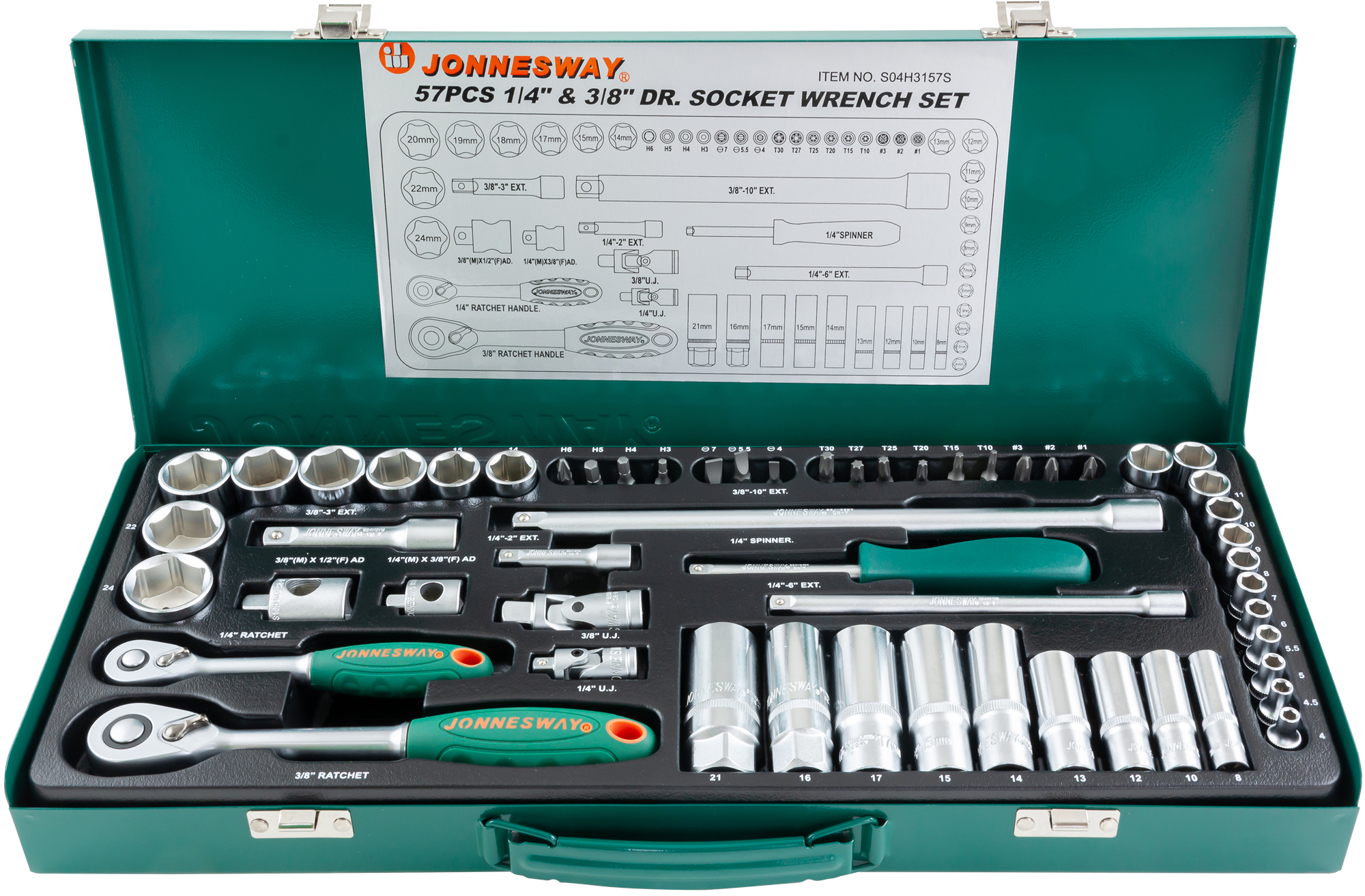 S04H3157S JONNESWAY Набор торцевых головок стандартных и глубоких 1/4" и 3/8"DR 4-24 мм, 57 предметов